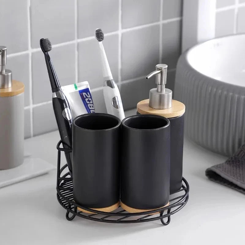 Ceramic Toothbrush Holder Set with Wood Base