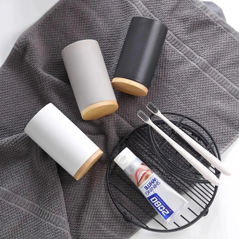 Ceramic Toothbrush Holder Set with Wood Base
