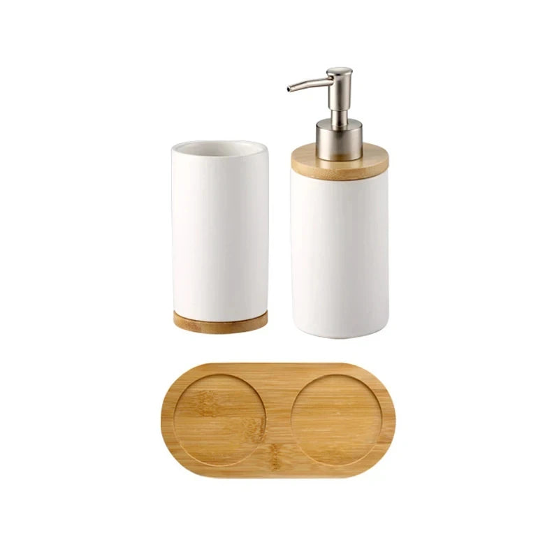 Ceramic Toothbrush Holder Set with Wood Base