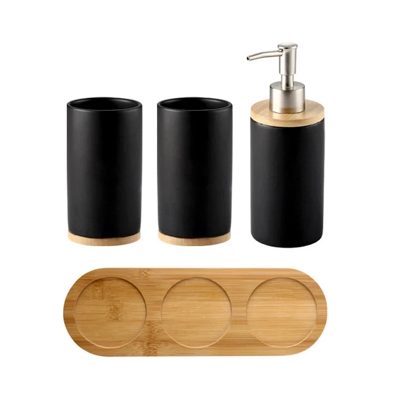 Ceramic Toothbrush Holder Set with Wood Base