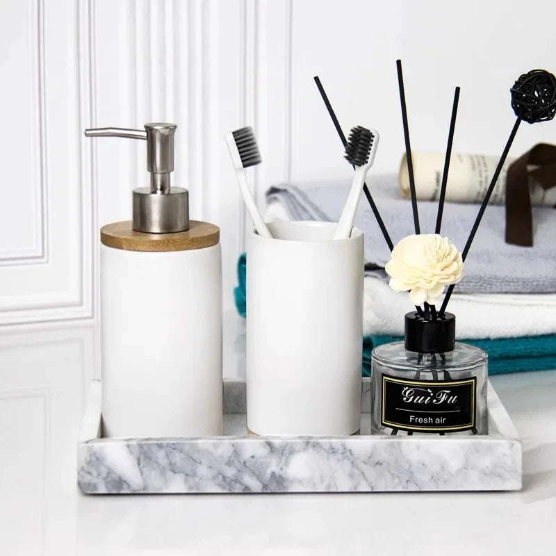 Ceramic Toothbrush Holder Set with Wood Base