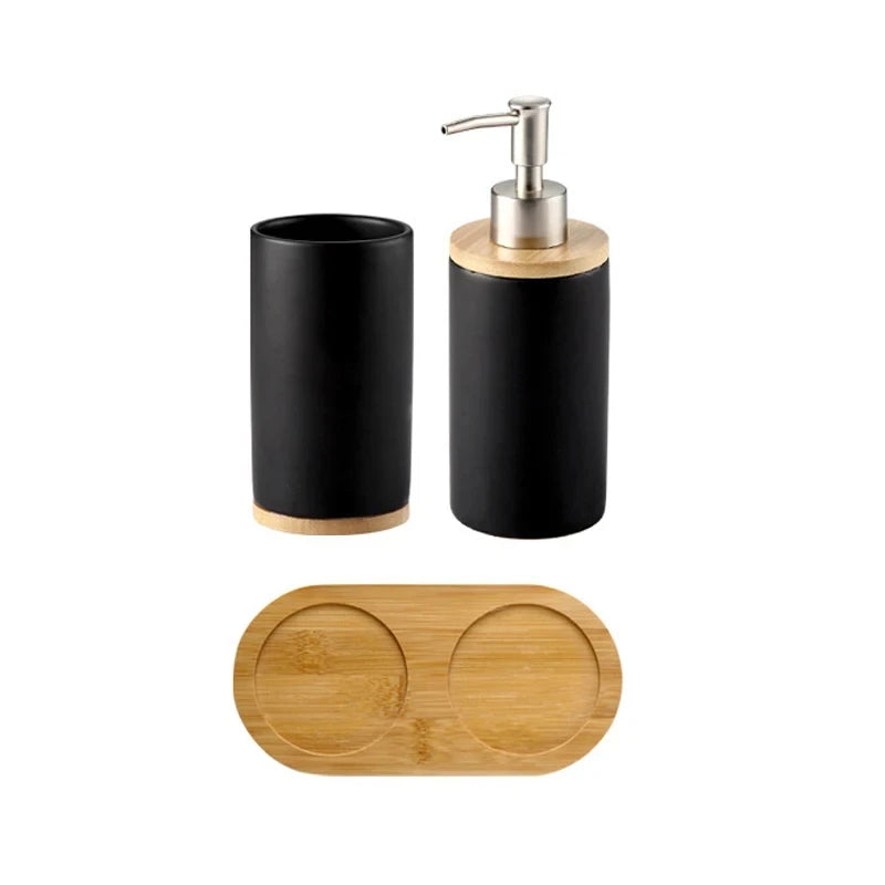 Ceramic Toothbrush Holder Set with Wood Base