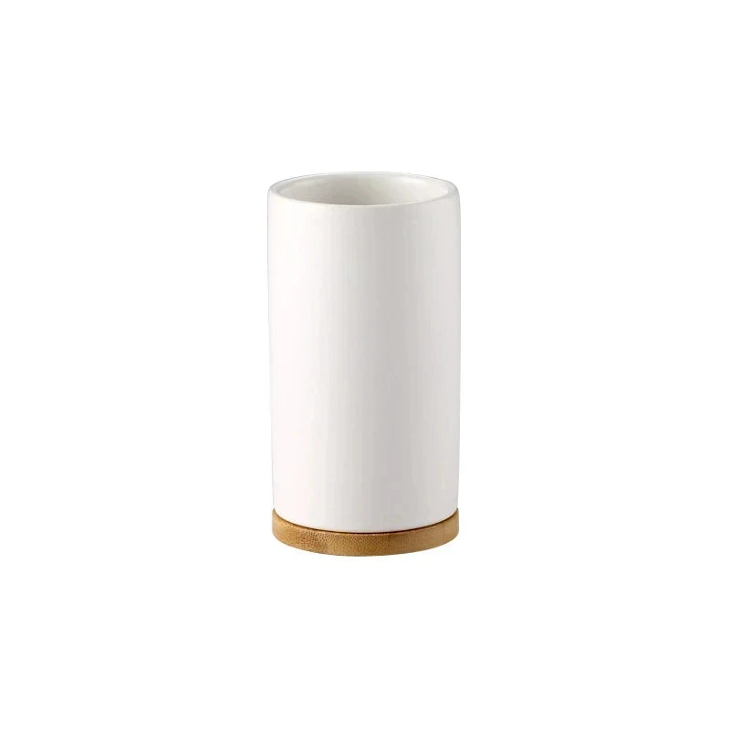 Ceramic Toothbrush Holder Set with Wood Base