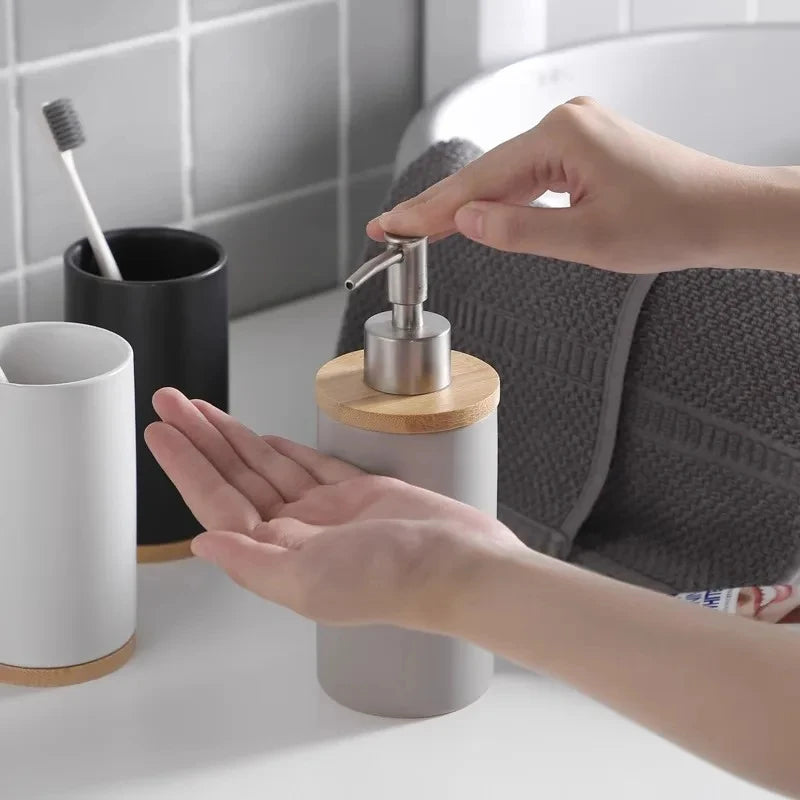 Ceramic Toothbrush Holder Set with Wood Base
