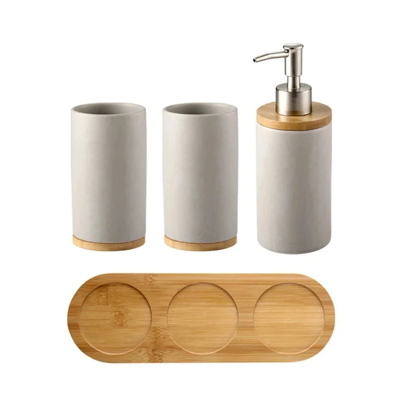 Ceramic Toothbrush Holder Set with Wood Base