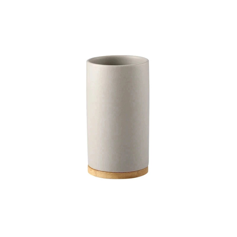 Ceramic Toothbrush Holder Set with Wood Base