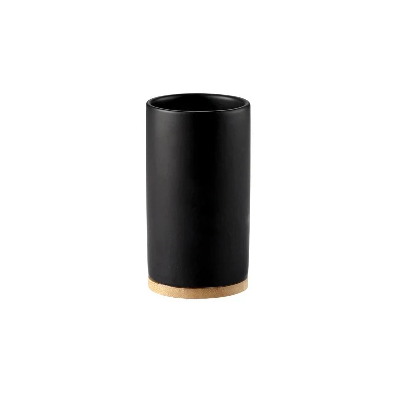 Ceramic Toothbrush Holder Set with Wood Base