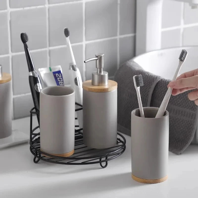 Ceramic Toothbrush Holder Set with Wood Base
