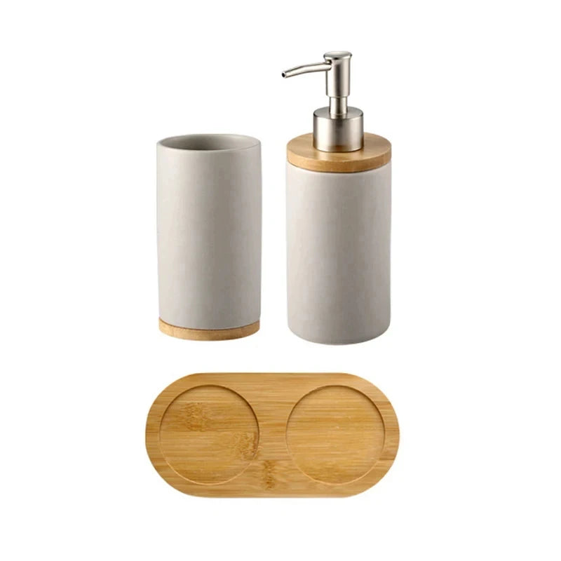 Ceramic Toothbrush Holder Set with Wood Base