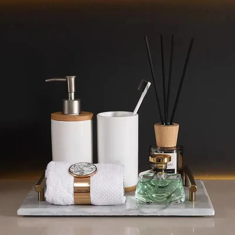 Ceramic Toothbrush Holder Set with Wood Base