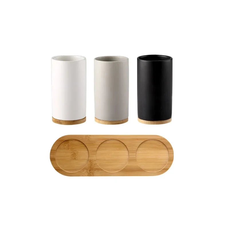 Ceramic Toothbrush Holder Set with Wood Base