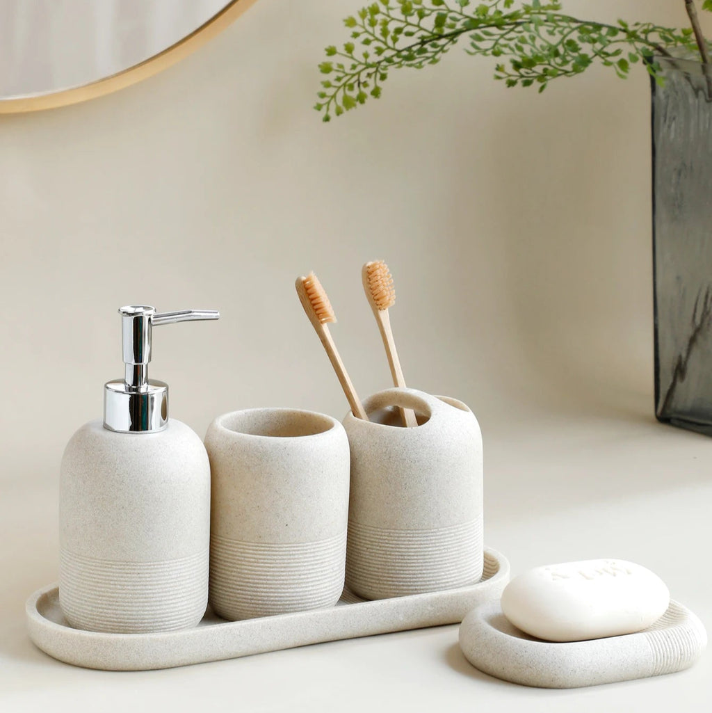 5-Piece Bathroom Accessories Set – Beige & Grey